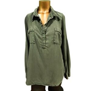 Dear John Button Neck Top with Tab Long Sleeves, GrayGreen,‎ Size S